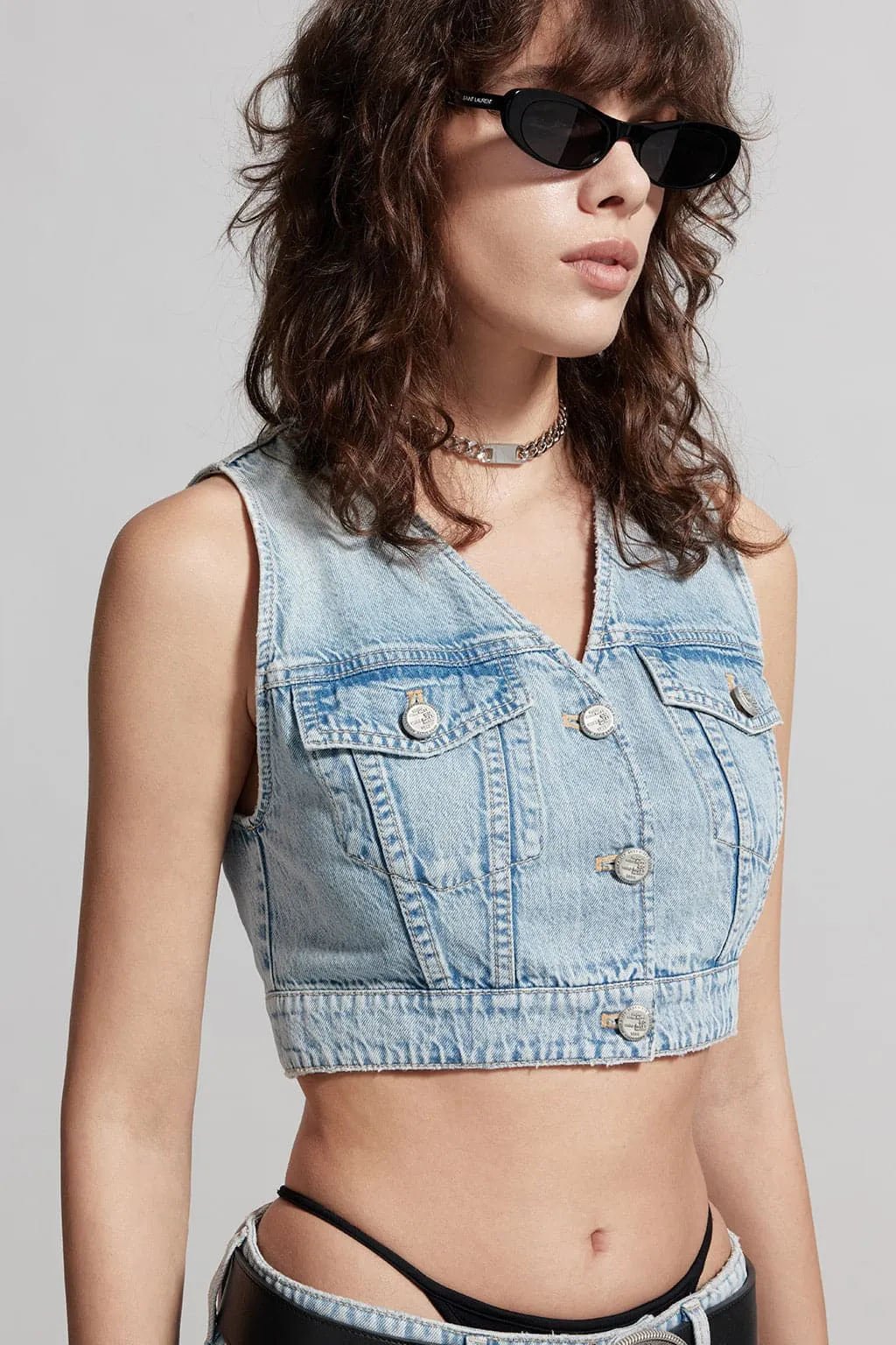 V-Neck Sleeveless Cropped Denim Vest