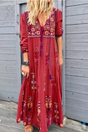 V-neck Tassel Embroidery Maxi Dress