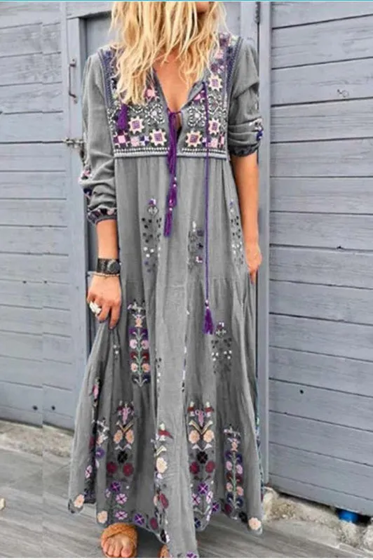 V-neck Tassel Embroidery Maxi Dress