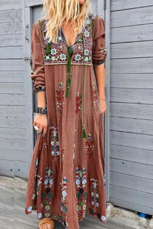 V-neck Tassel Embroidery Maxi Dress