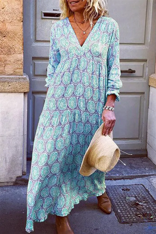 Vacation V-neck Printed Maxi Dress