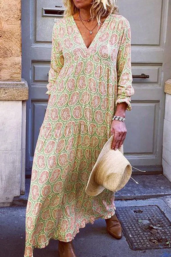 Vacation V-neck Printed Maxi Dress