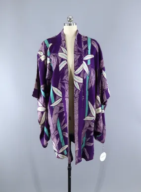 Vintage 1920s Raw Silk Haori Kimono Jacket Cardigan / Purple Shibori Bamboo