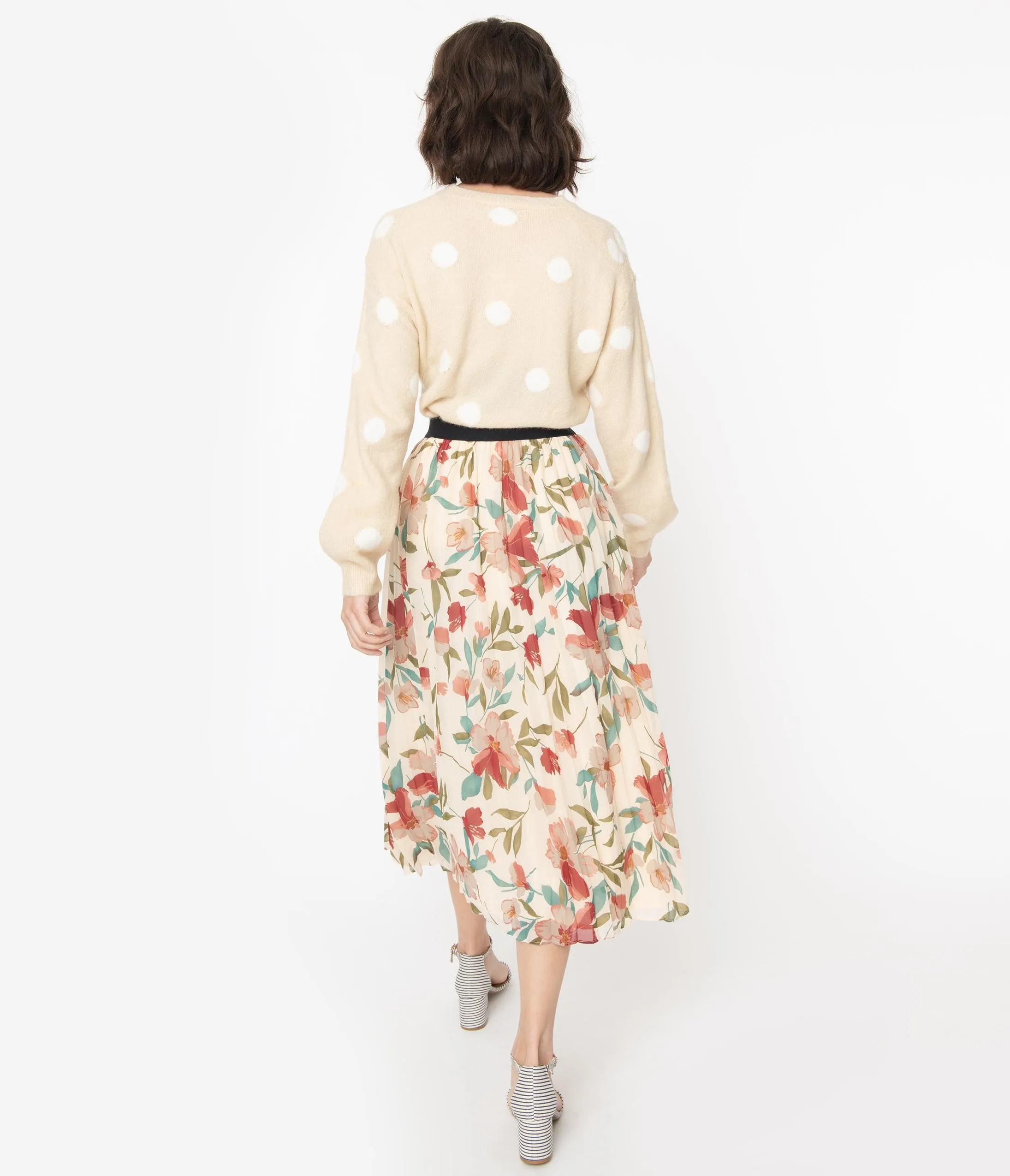 Vintage Style Cream & Multi Floral Pleated Midi Skirt