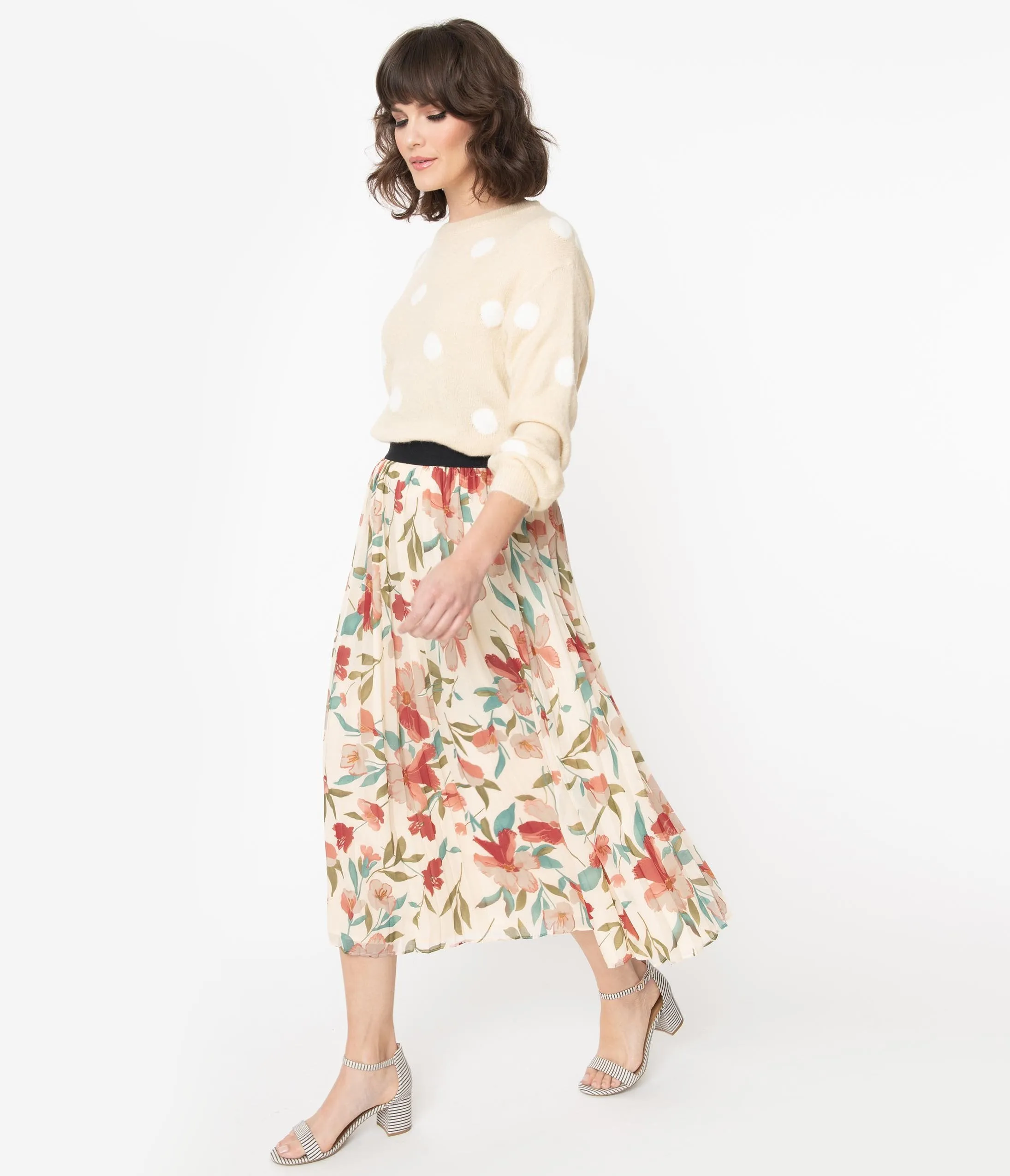 Vintage Style Cream & Multi Floral Pleated Midi Skirt