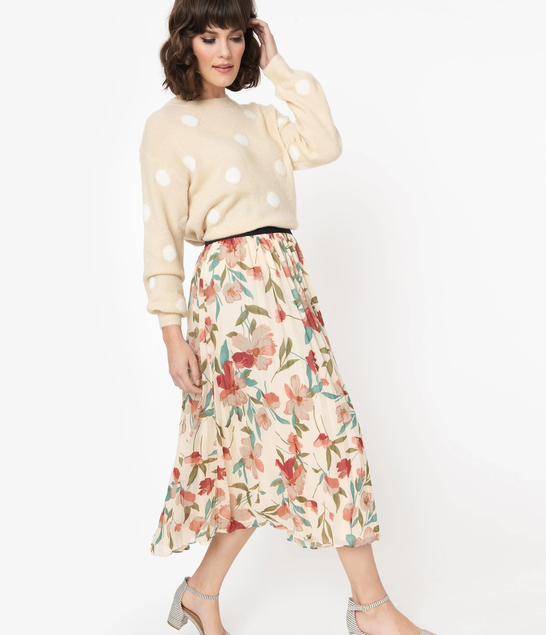 Vintage Style Cream & Multi Floral Pleated Midi Skirt