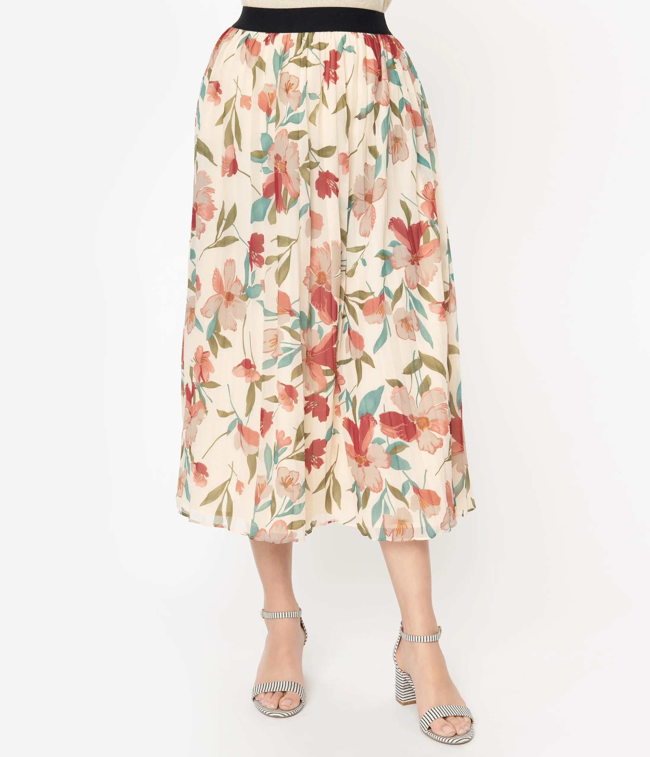 Vintage Style Cream & Multi Floral Pleated Midi Skirt