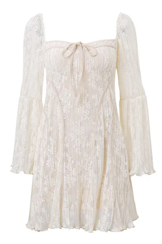 Vintage Tie Neck Bell Sleeve Pleated Floral Lace Fishtail Mini Dress - Beige