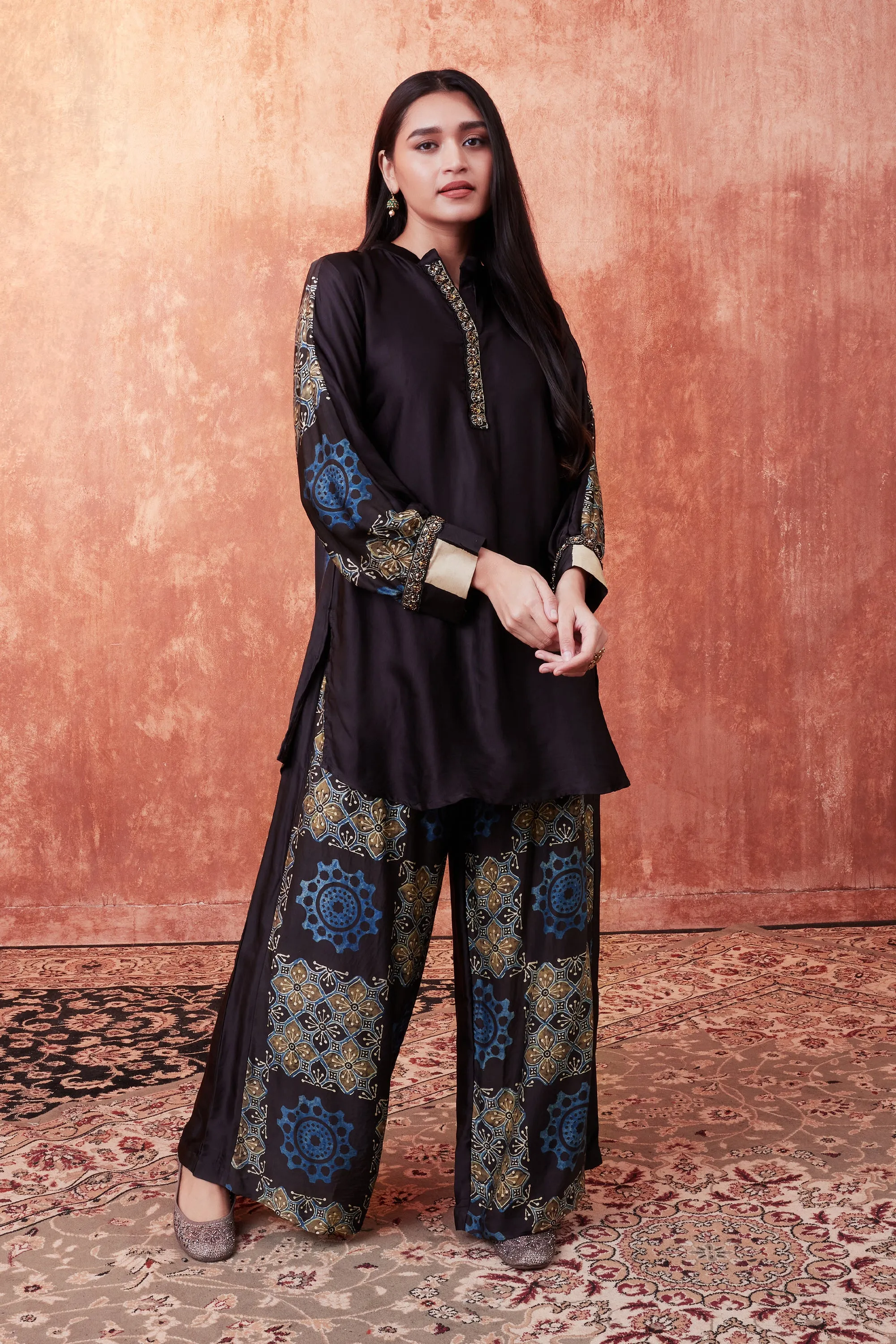 Warm Black Ajrakh Printed Habutai Silk Co-Ord Set