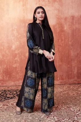 Warm Black Ajrakh Printed Habutai Silk Co-Ord Set