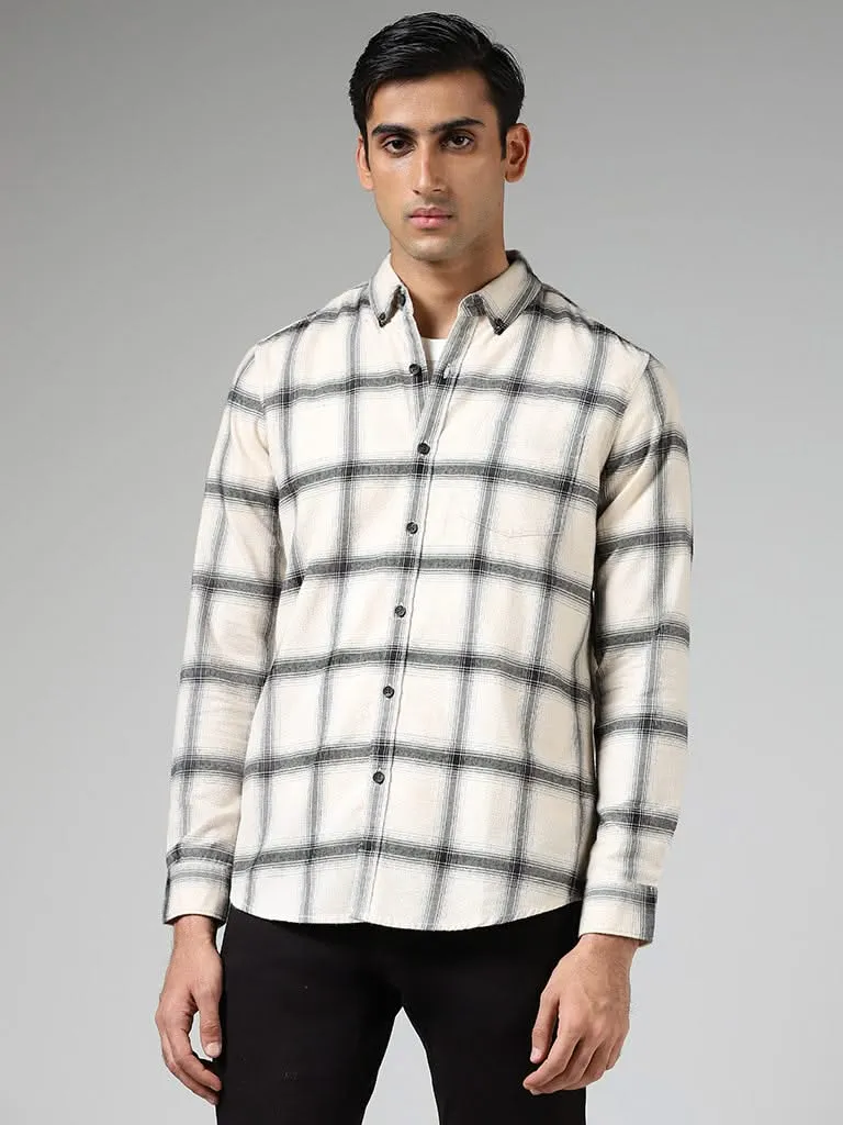 WES Casuals Off White Plaid Checked Cotton Relaxed-Fit Shirt