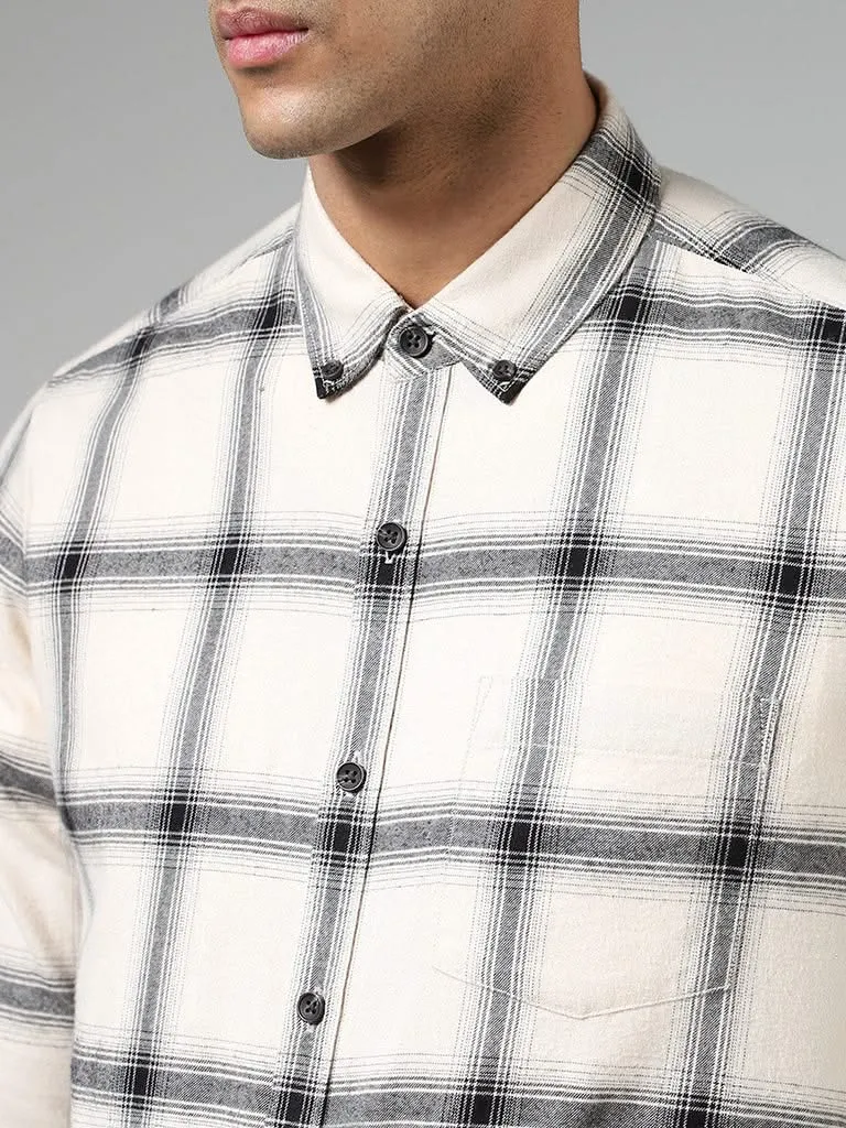 WES Casuals Off White Plaid Checked Cotton Relaxed-Fit Shirt