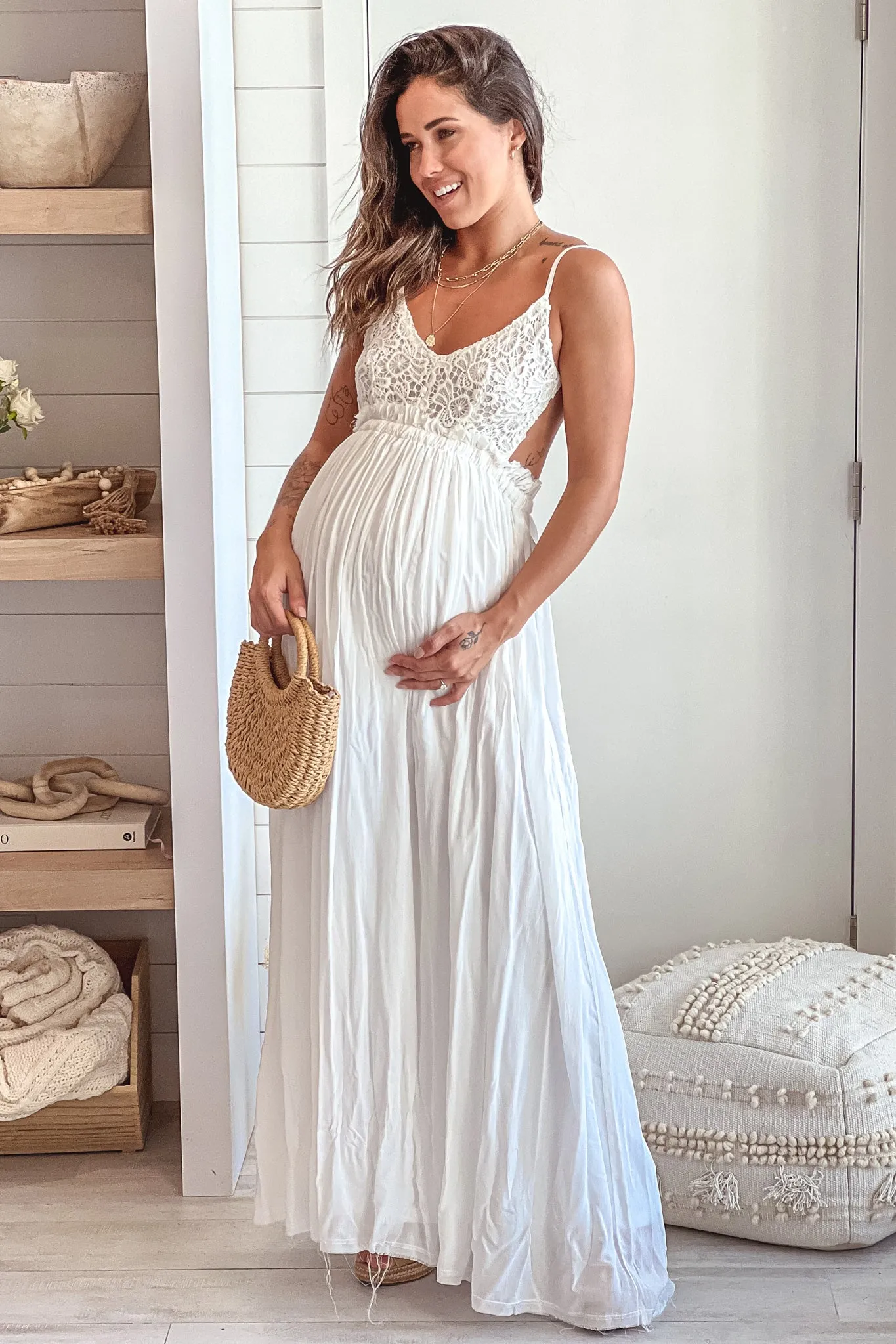 White Crochet Top Maternity Maxi Dress with Frayed Hem