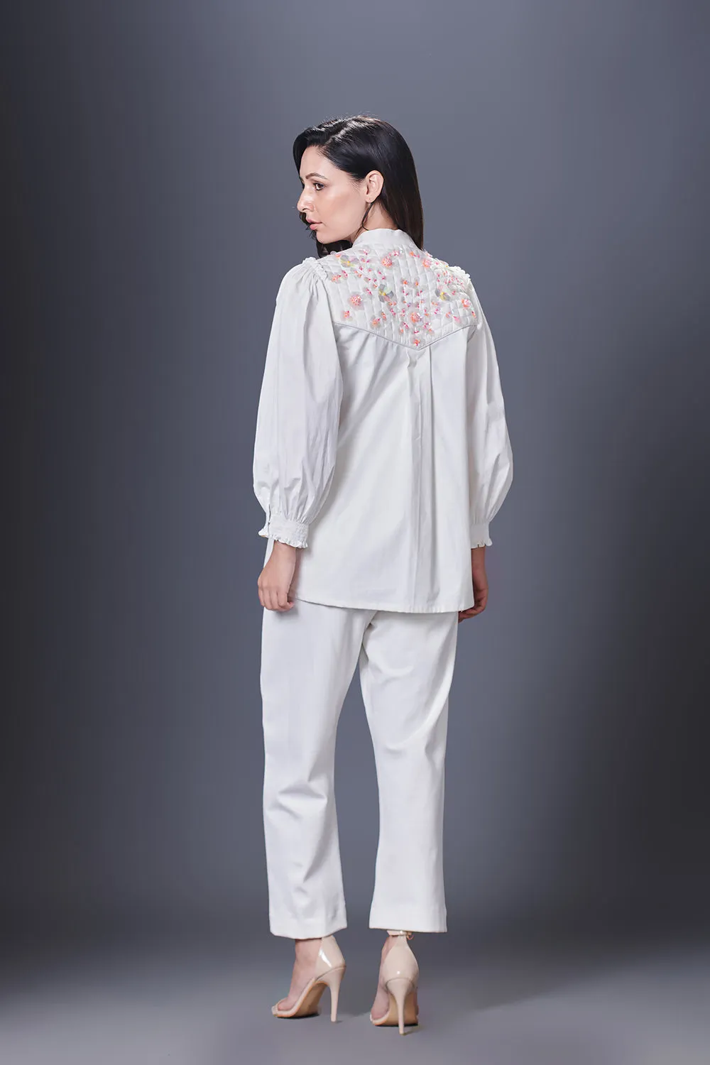 White Jacket Style Co-Ord Set With Hand Embroidered Quilted Yoke