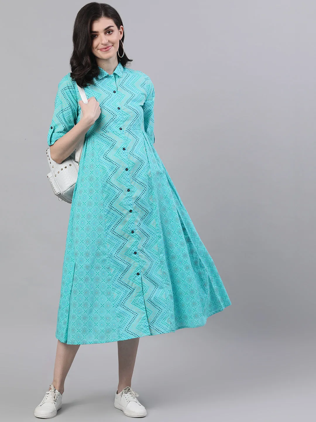 Women Blue Chevron Printed Shirt Collar Cotton Maxi Dress