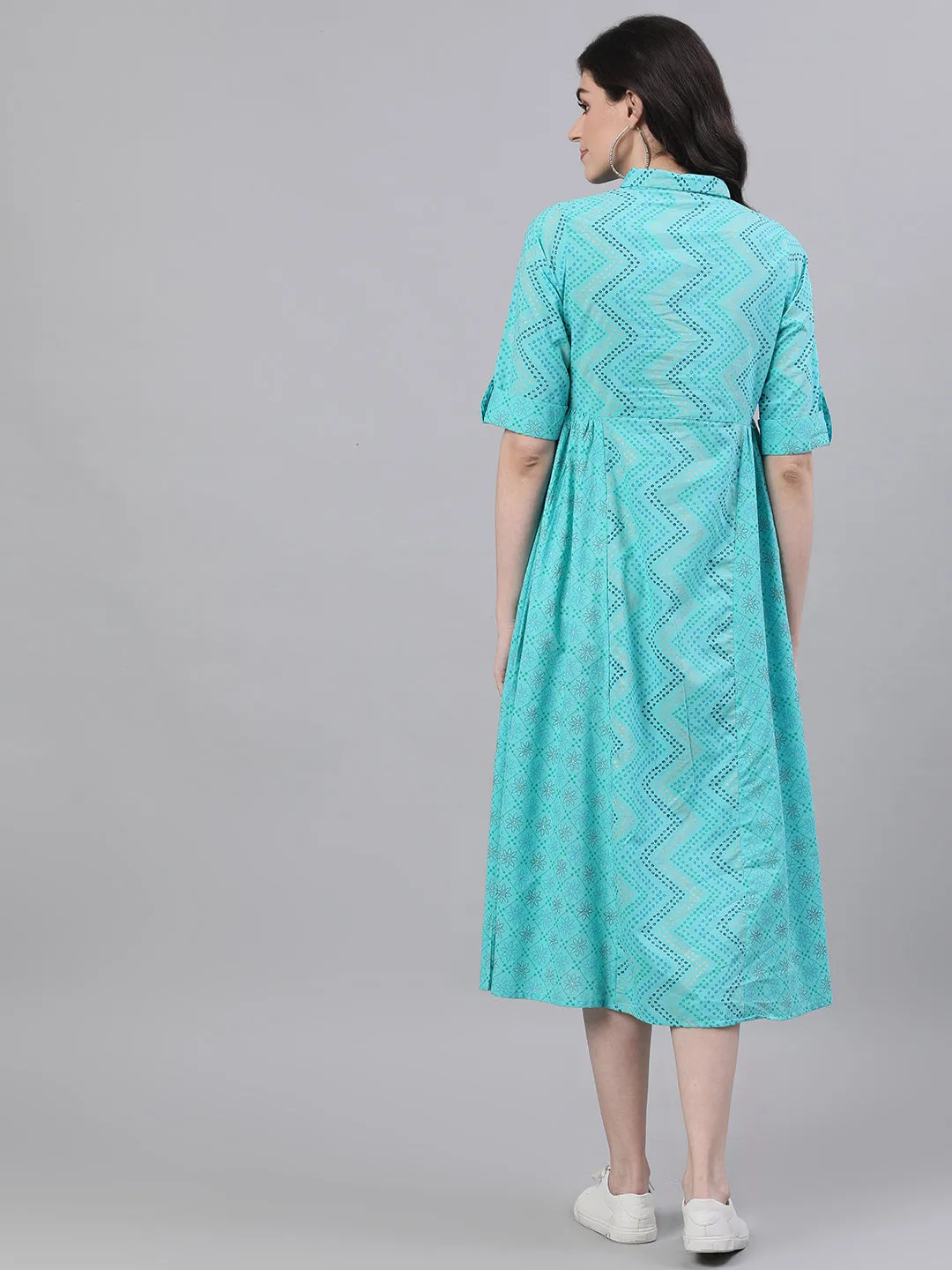 Women Blue Chevron Printed Shirt Collar Cotton Maxi Dress