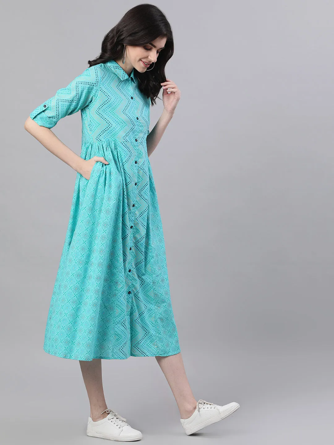 Women Blue Chevron Printed Shirt Collar Cotton Maxi Dress