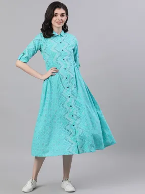 Women Blue Chevron Printed Shirt Collar Cotton Maxi Dress