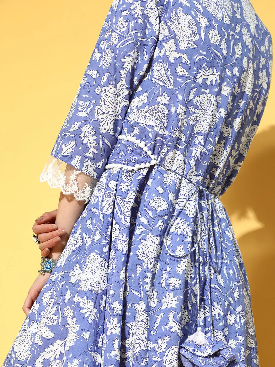 Women Blue Floral Ethnic A-Line Maxi Dress