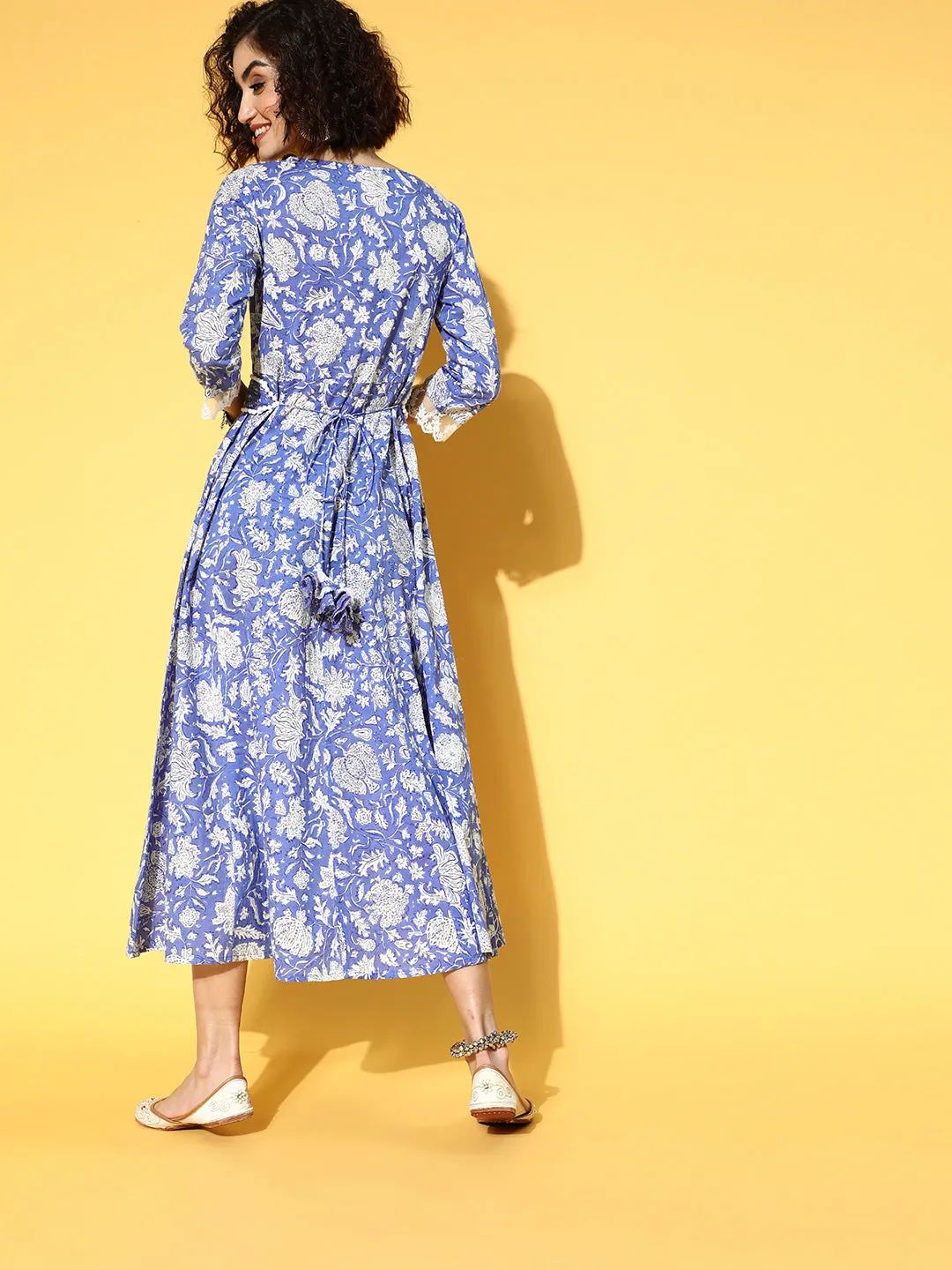 Women Blue Floral Ethnic A-Line Maxi Dress