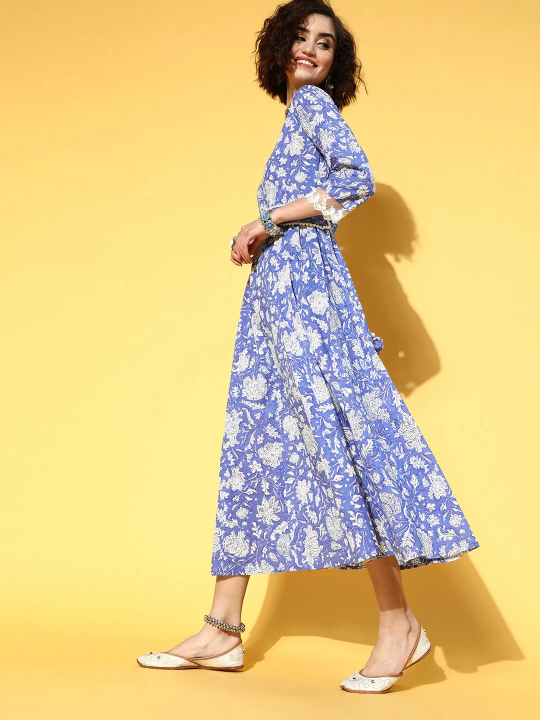 Women Blue Floral Ethnic A-Line Maxi Dress