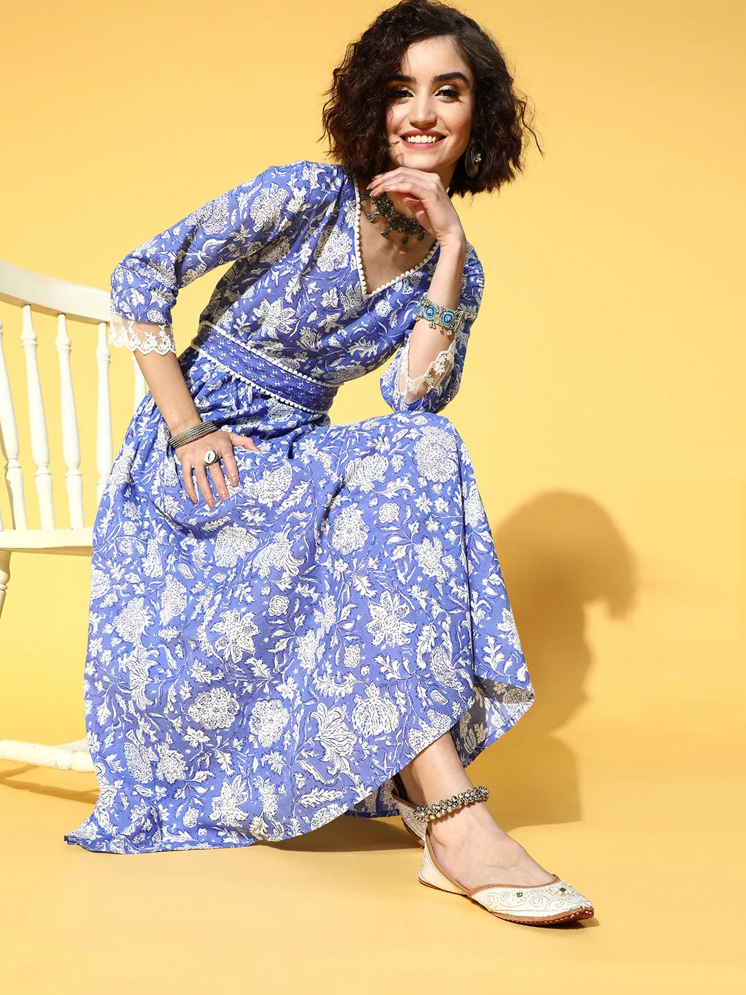 Women Blue Floral Ethnic A-Line Maxi Dress