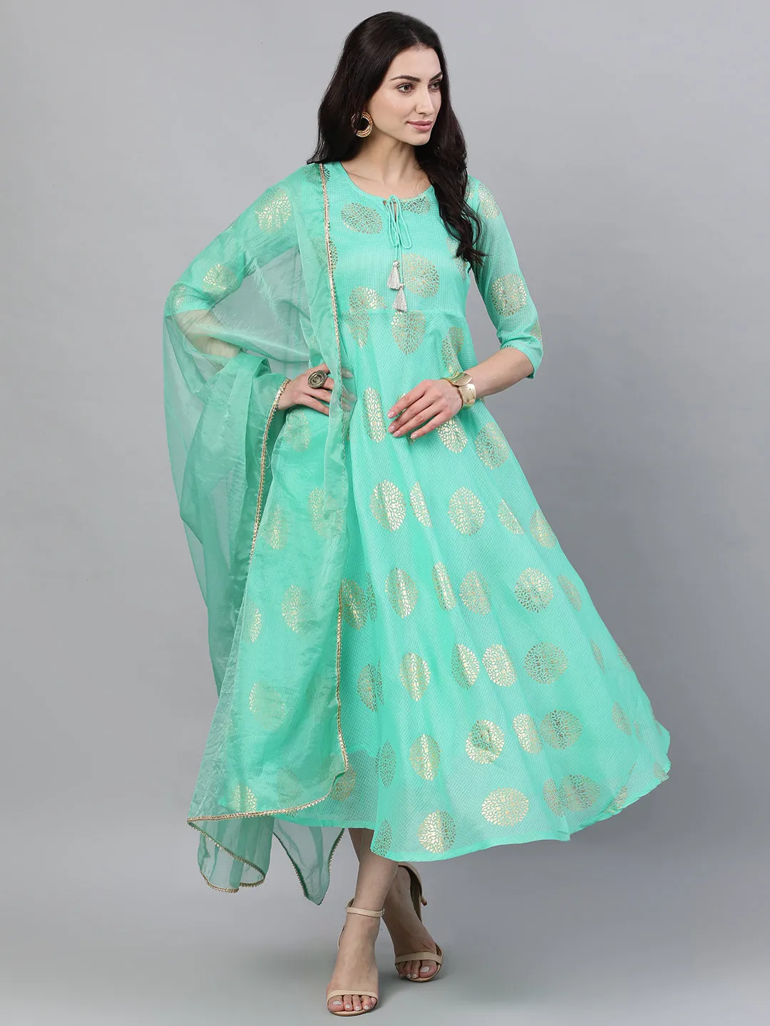 Women Green Ethnic Motifs Printed Tie-Up Neck Cotton Maxi Dress With Dupatta