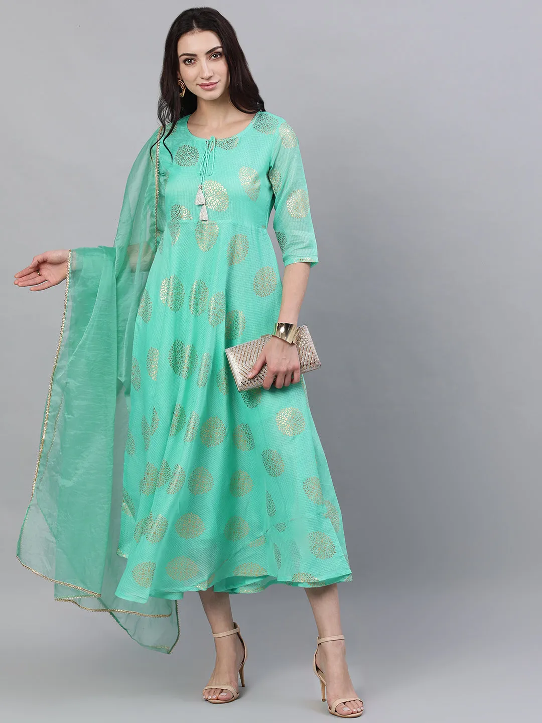 Women Green Ethnic Motifs Printed Tie-Up Neck Cotton Maxi Dress With Dupatta