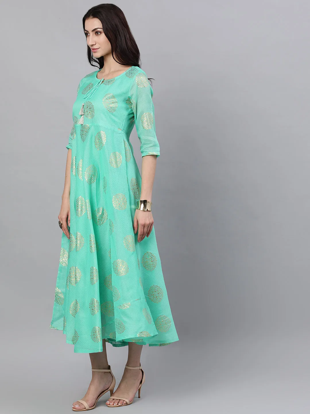 Women Green Ethnic Motifs Printed Tie-Up Neck Cotton Maxi Dress With Dupatta