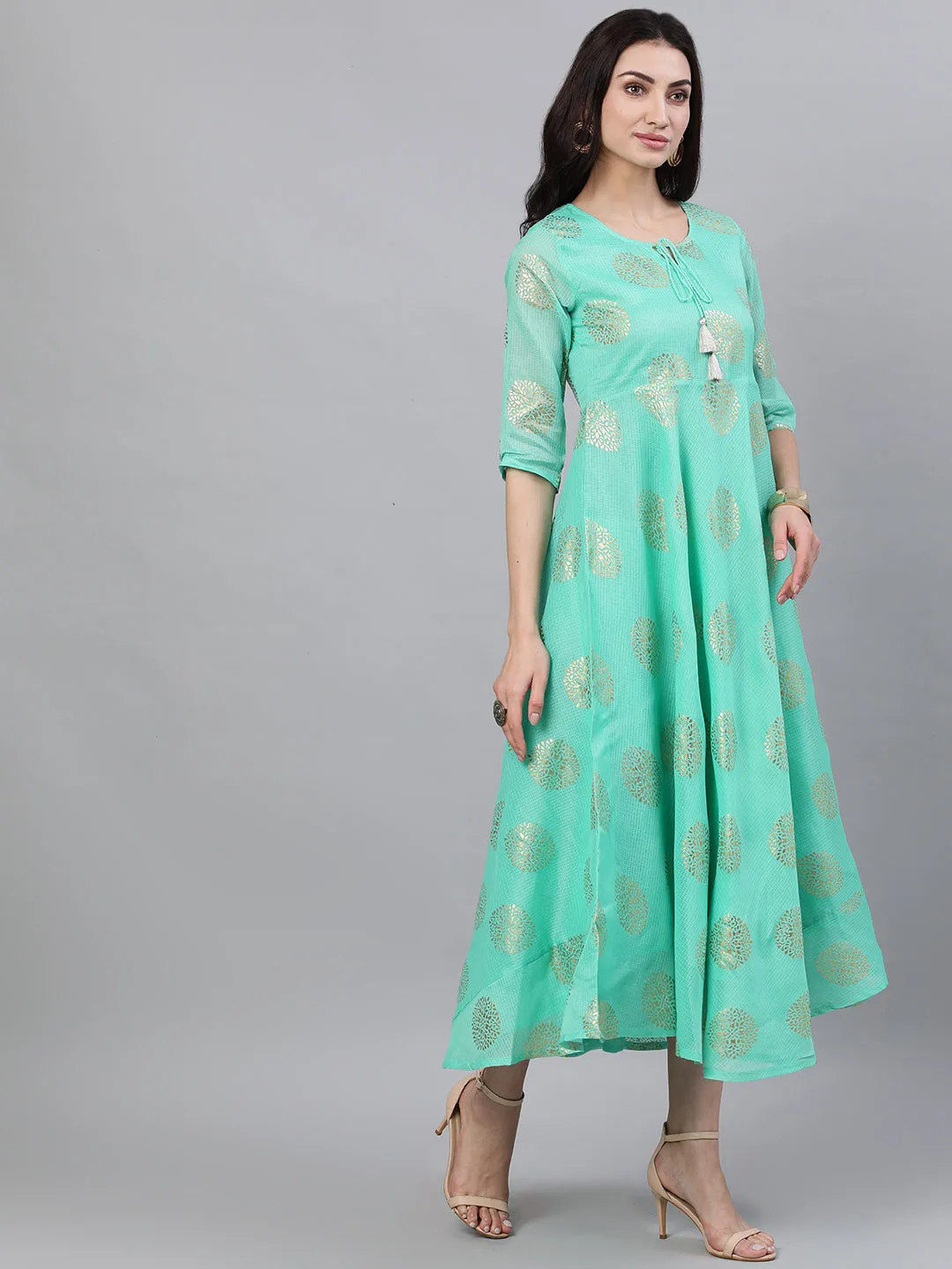 Women Green Ethnic Motifs Printed Tie-Up Neck Cotton Maxi Dress With Dupatta