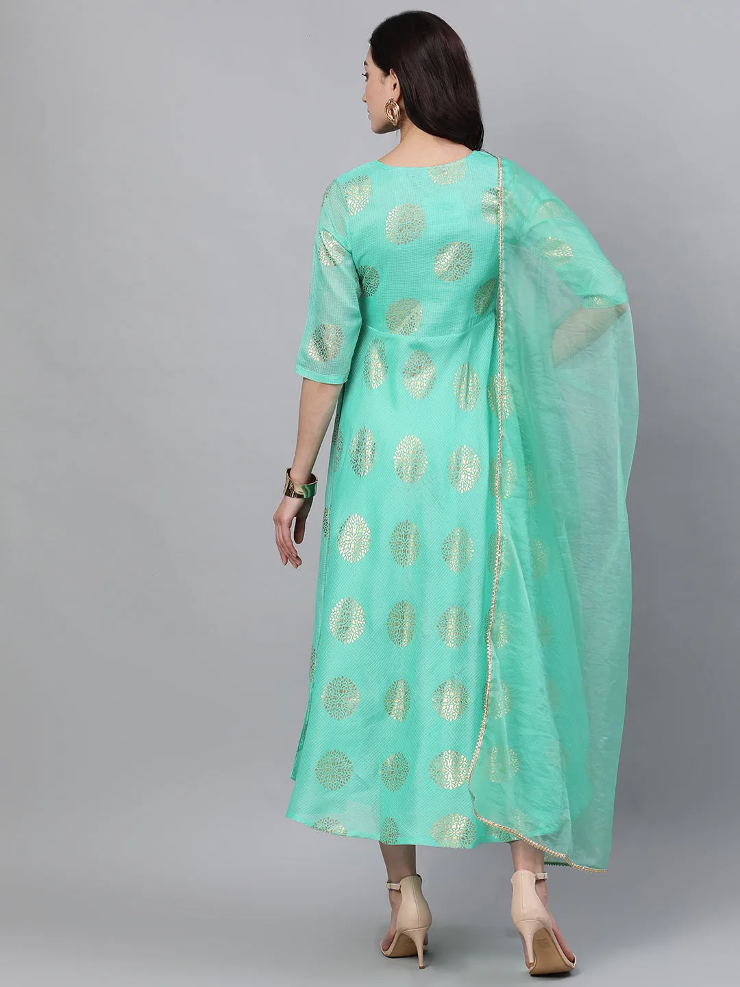 Women Green Ethnic Motifs Printed Tie-Up Neck Cotton Maxi Dress With Dupatta