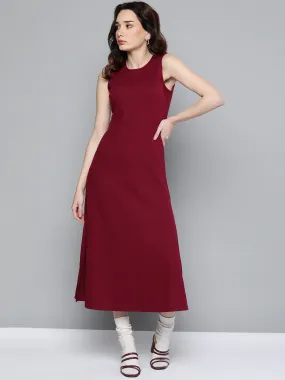 Women Maroon Rib A-Line Maxi Dress