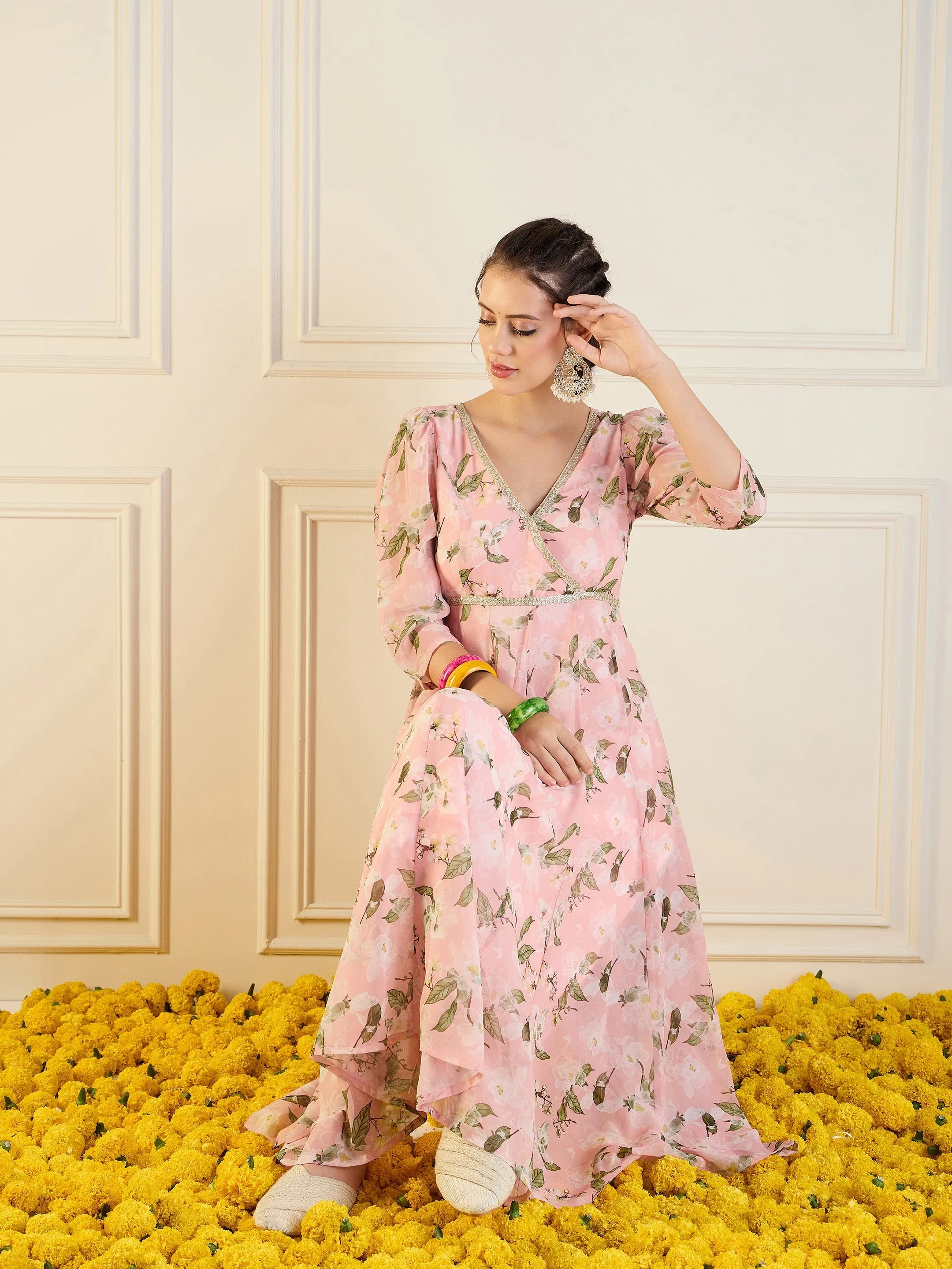 Women Peach Floral Anarkali Maxi Dress