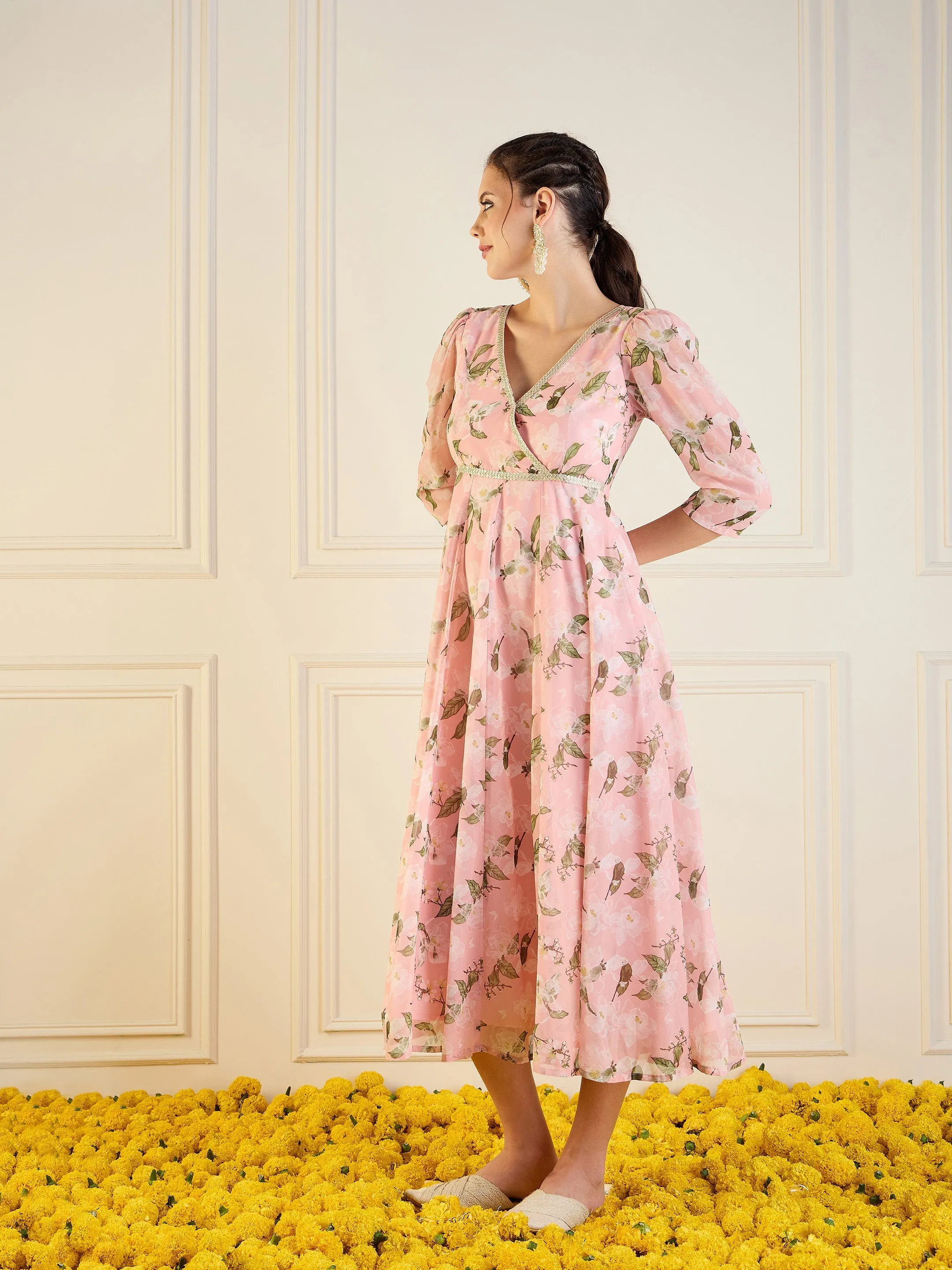 Women Peach Floral Anarkali Maxi Dress