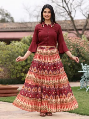 Women Solid Liva Rayon Rust Shirt With Multi Color Skirt Co-Ord Set