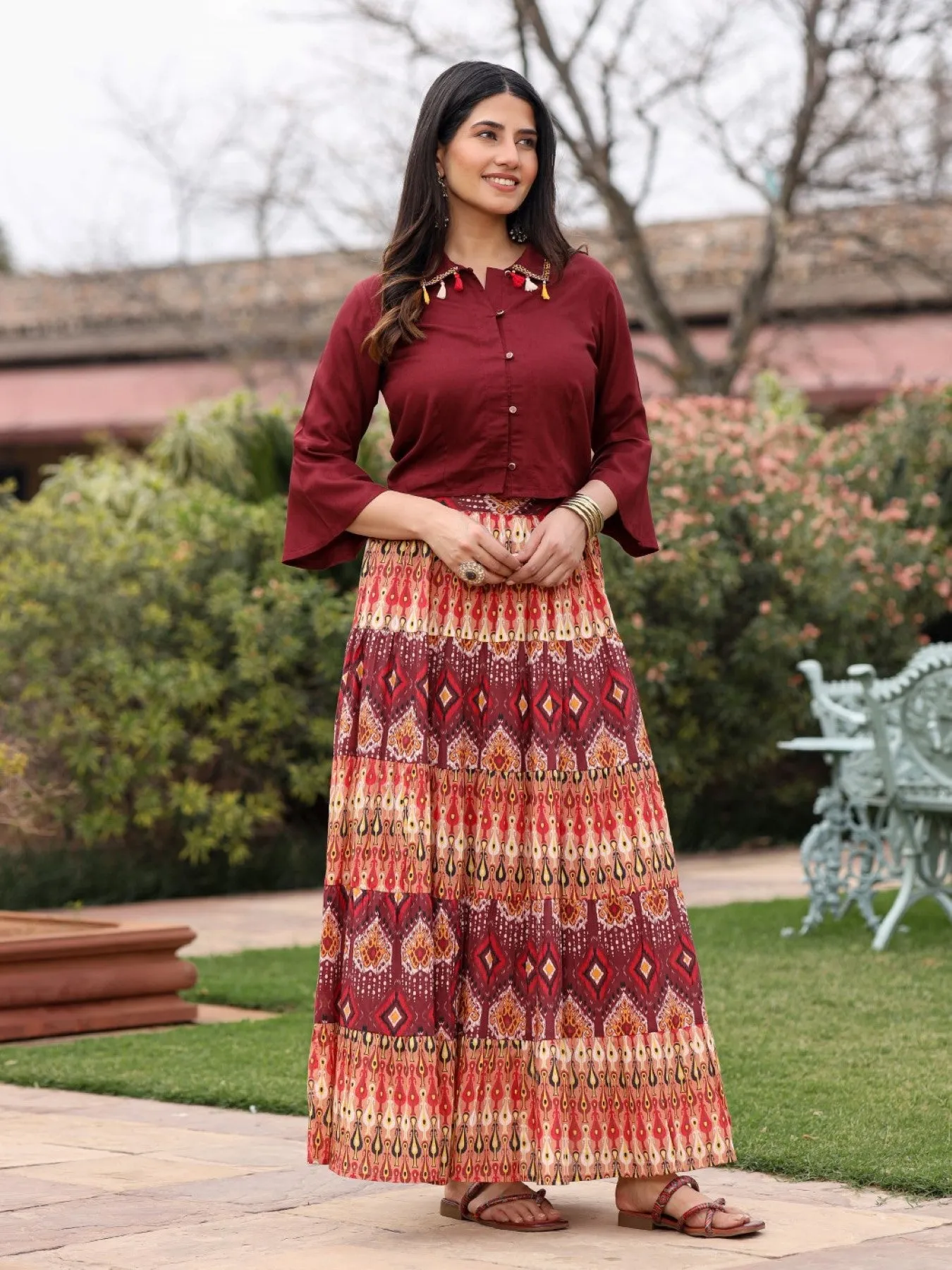 Women Solid Liva Rayon Rust Shirt With Multi Color Skirt Co-Ord Set