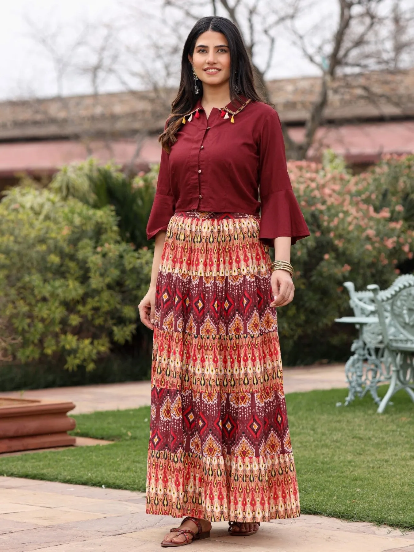 Women Solid Liva Rayon Rust Shirt With Multi Color Skirt Co-Ord Set