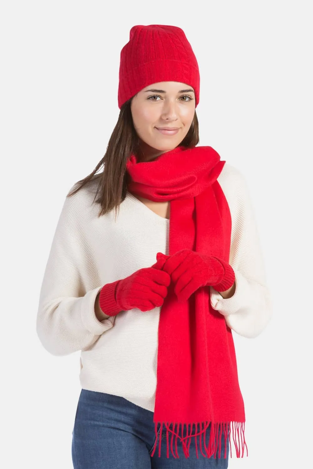 Women's 3pc 100% Pure Cashmere Cable Knit Hat, Glove & Woven Scarf Set with Gift Box