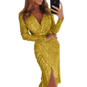 Womens Long Sleeve V-Neck Sequin Dinner Dress Ladies Evening party Dress