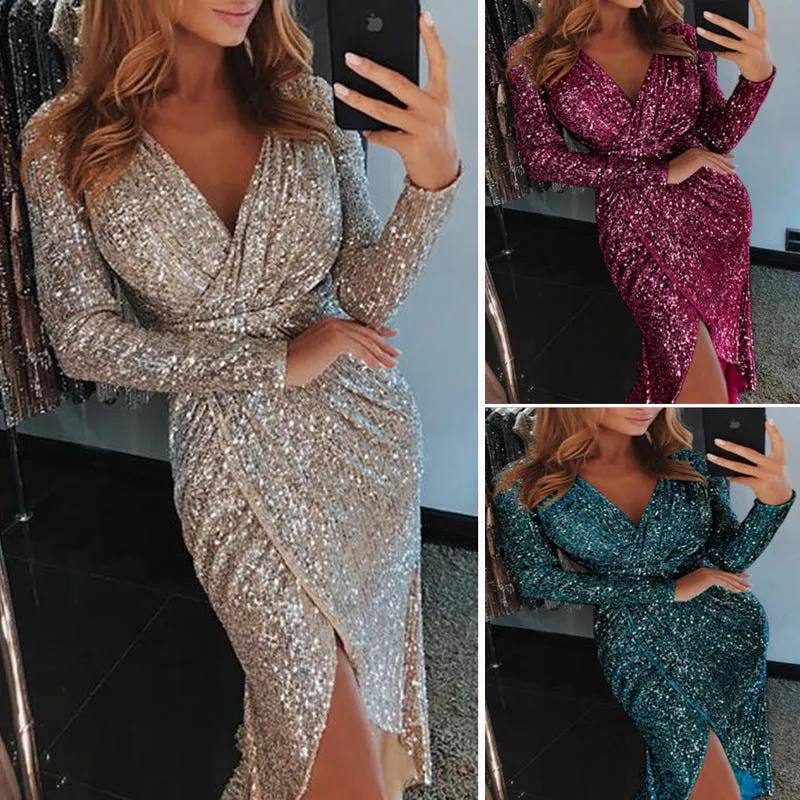 Womens Long Sleeve V-Neck Sequin Dinner Dress Ladies Evening party Dress