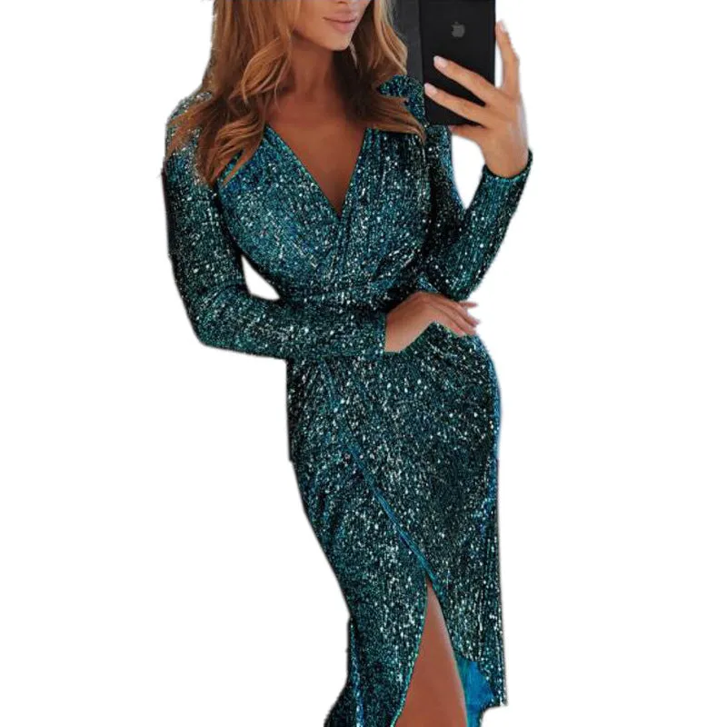 Womens Long Sleeve V-Neck Sequin Dinner Dress Ladies Evening party Dress