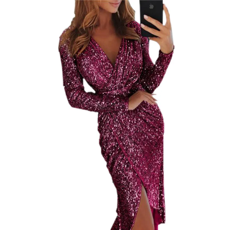 Womens Long Sleeve V-Neck Sequin Dinner Dress Ladies Evening party Dress