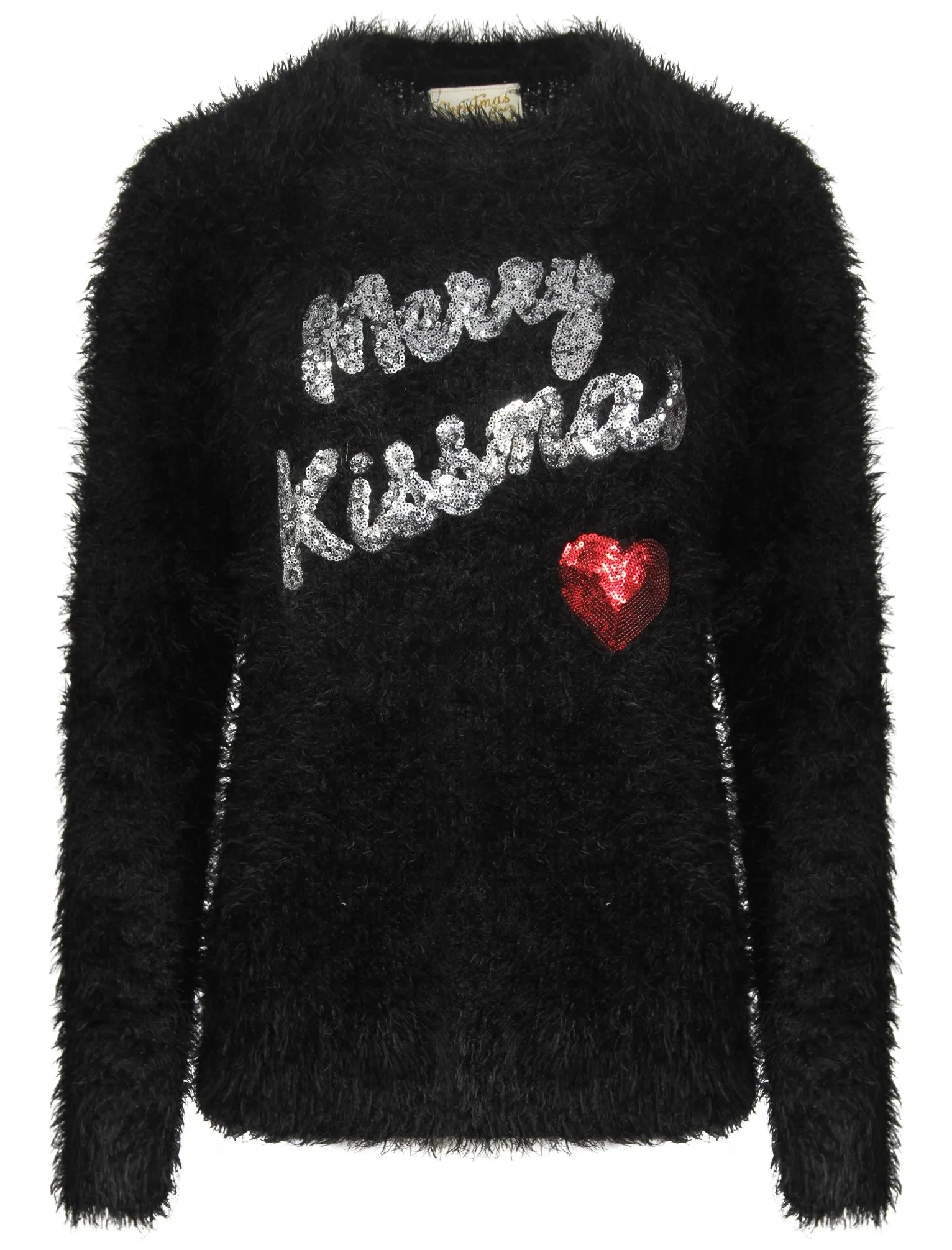 Womens Lx Kissmas Heart Fluffy Knit Jumper In Black - Christmas Wishes