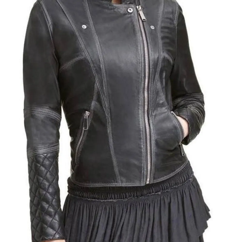 Womens Quilted Black Leather Biker Jacket