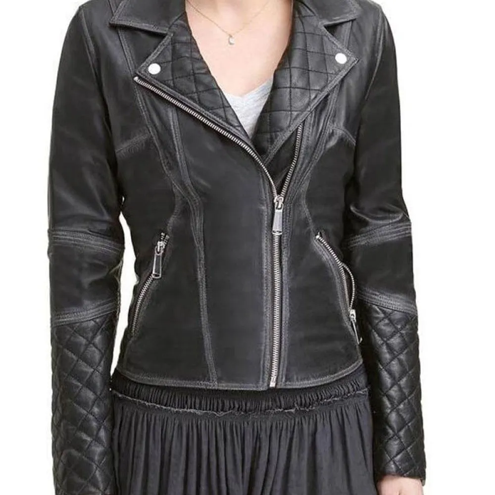 Womens Quilted Black Leather Biker Jacket