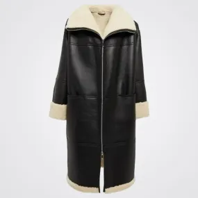 Women's Real Sheepskin Aviator Black Leather Trench Coat