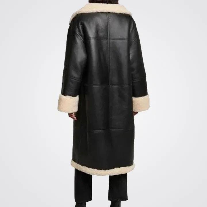 Women's Real Sheepskin Aviator Black Leather Trench Coat