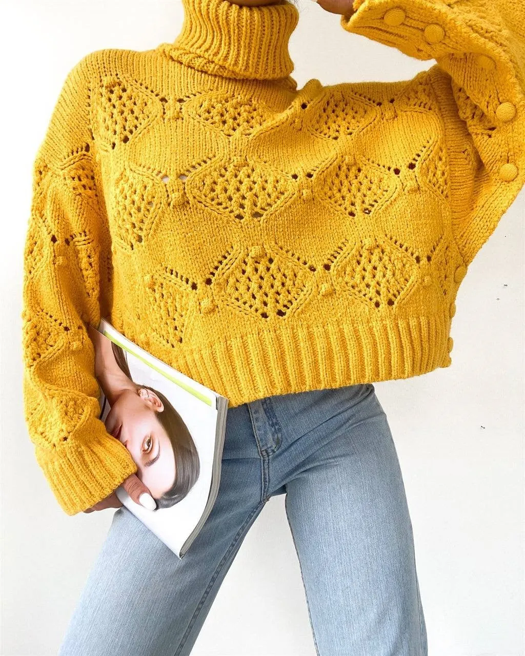 Yellow Button Detail Turtleneck Sweater