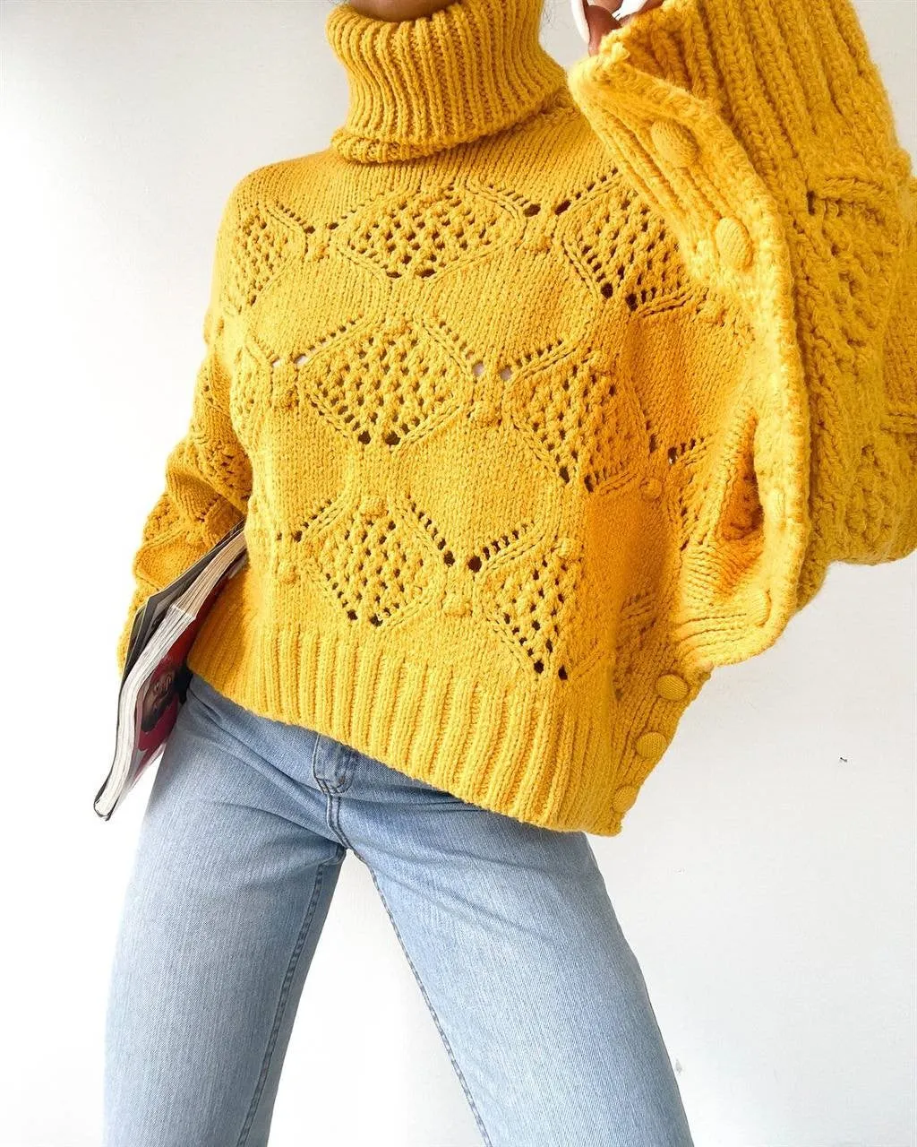 Yellow Button Detail Turtleneck Sweater