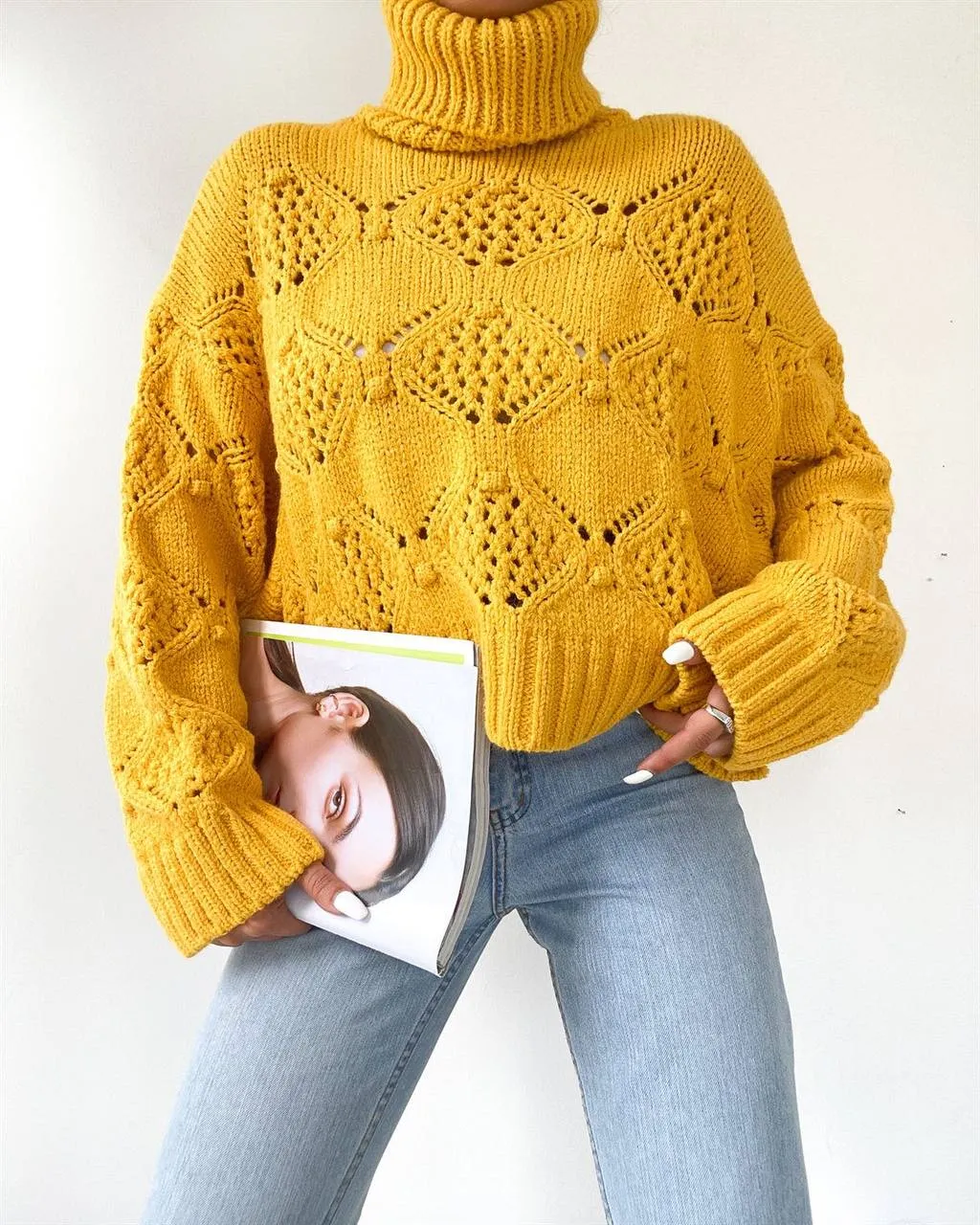 Yellow Button Detail Turtleneck Sweater